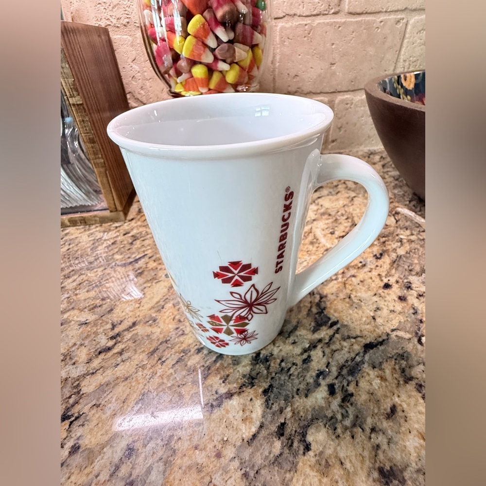 Starbucks Colorful Red Brown Geometric Flower Holiday Christmas Coffee Mug 12oz